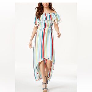 XOXO Off Shoulder Multicolor Striped High Low Maxi Dress Tassle Trim Boho Size M